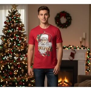 Holiday Time Men's Santa Claus‎ Believe Christmas T-Shirt Red Size L 42-44 NWT